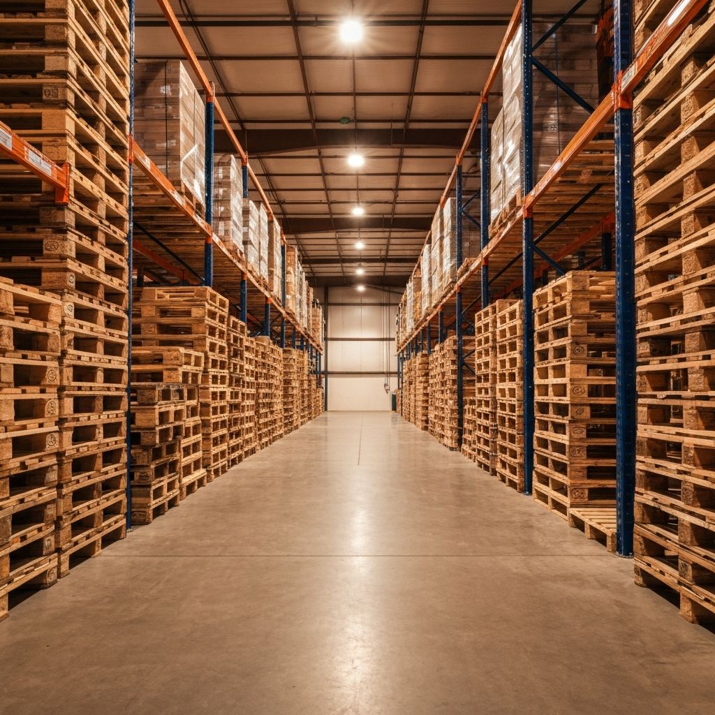 Warehouse filled with stacked wooden pallets